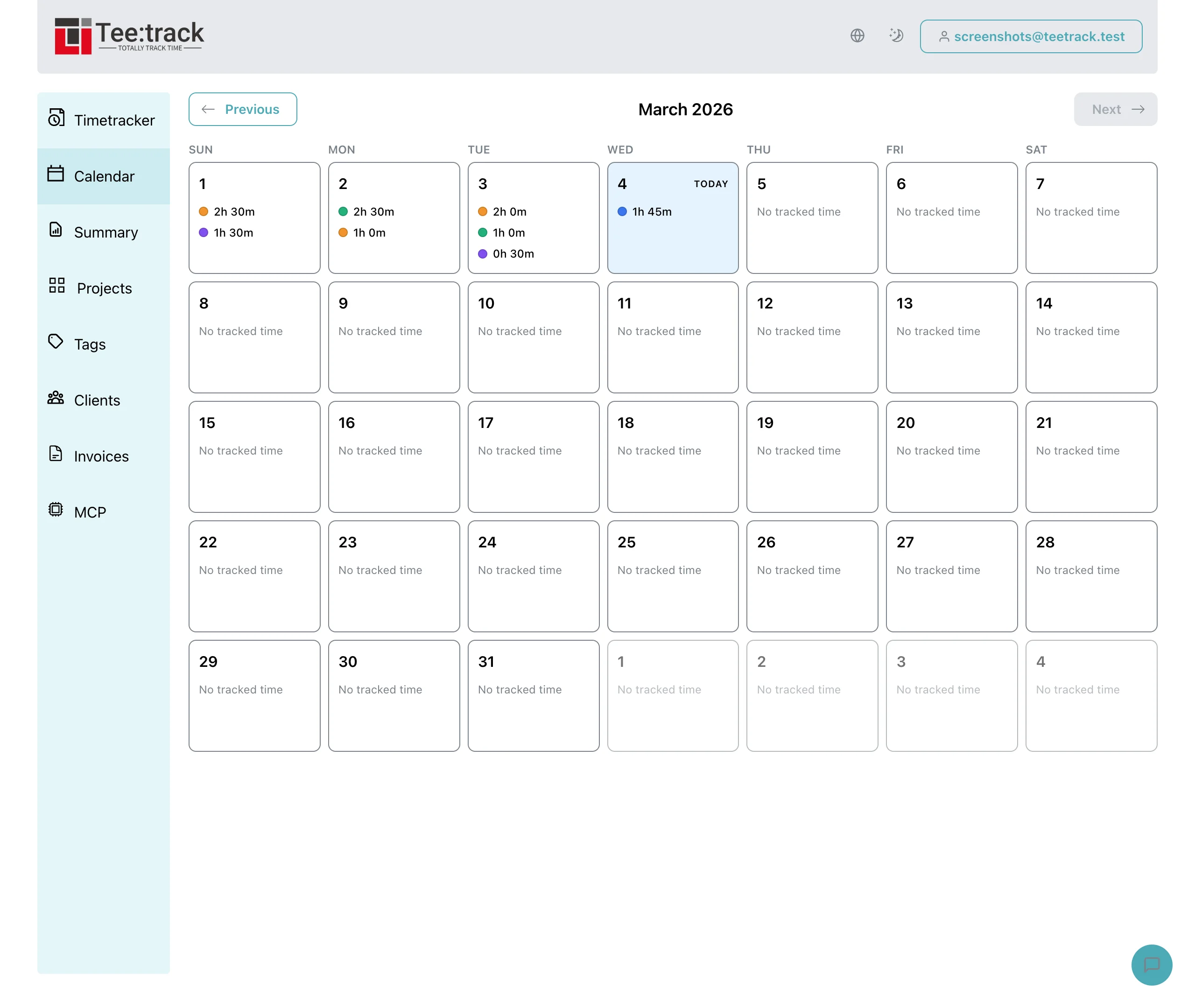Teetrack calendar month view with daily time entries