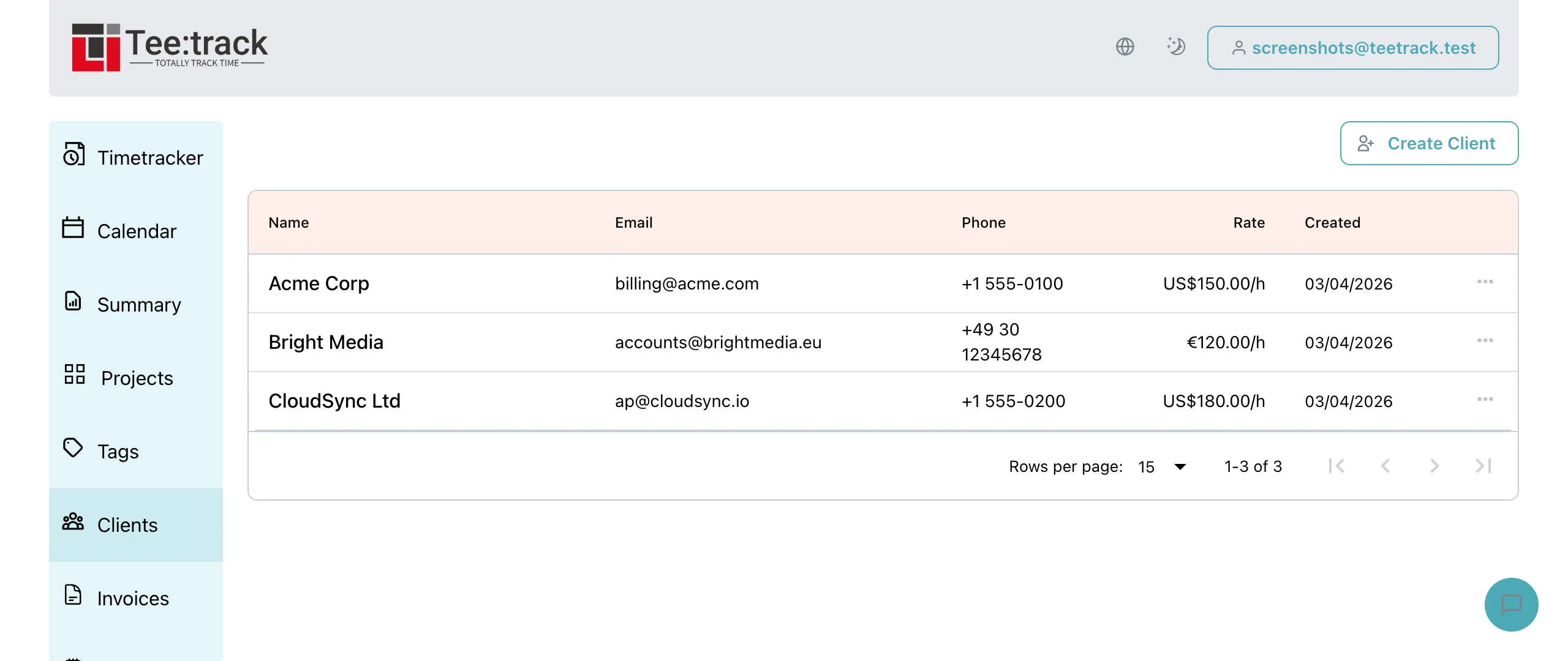Teetrack client management list