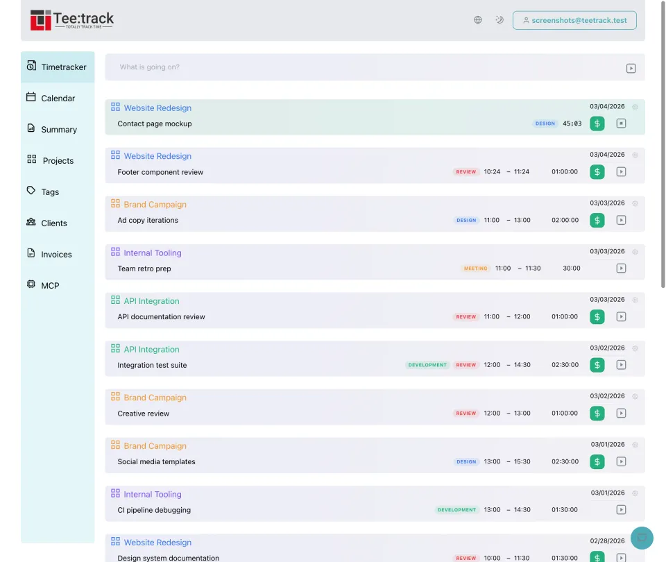 Teetrack-Benutzeroberfläche zur Zeiterfassung