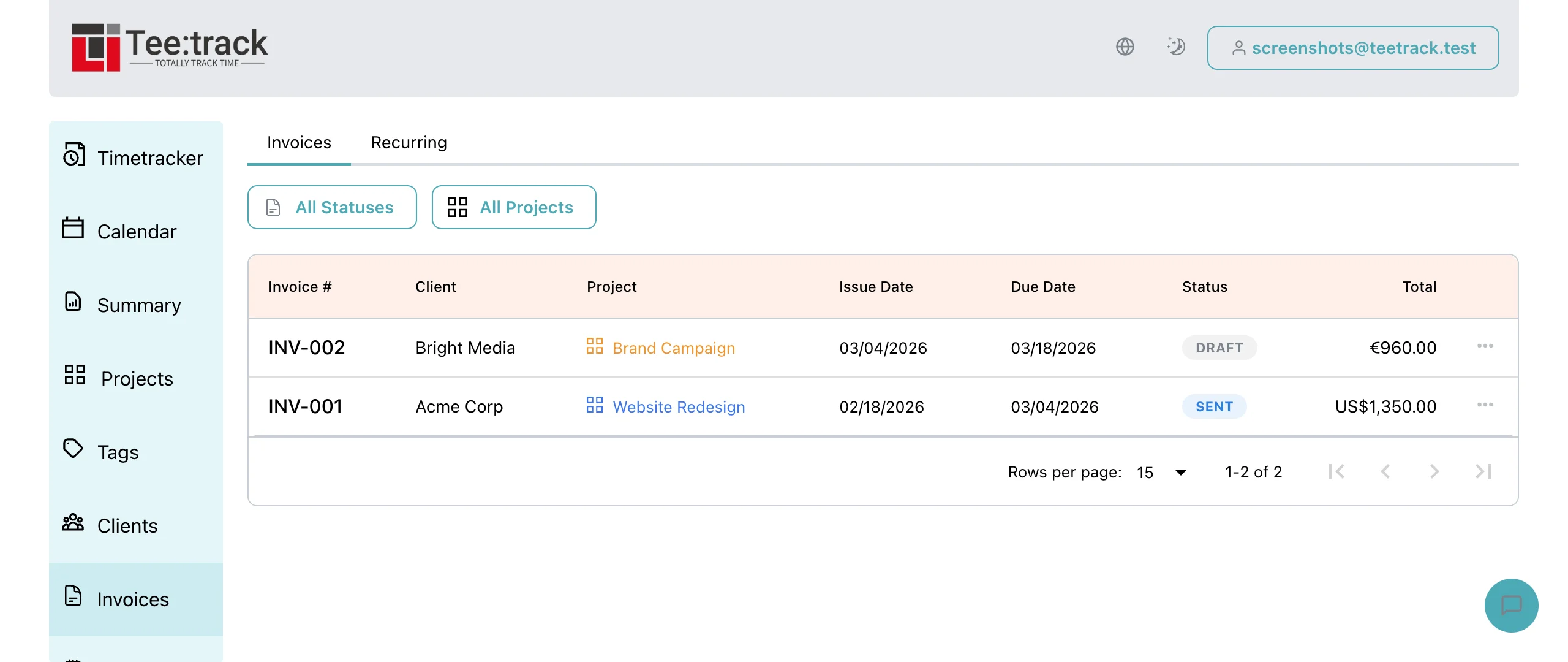 Teetrack invoices list showing draft and sent invoices