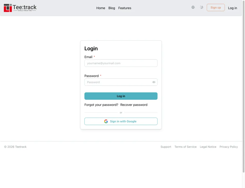 Teetrack login page with Sign in with Google button