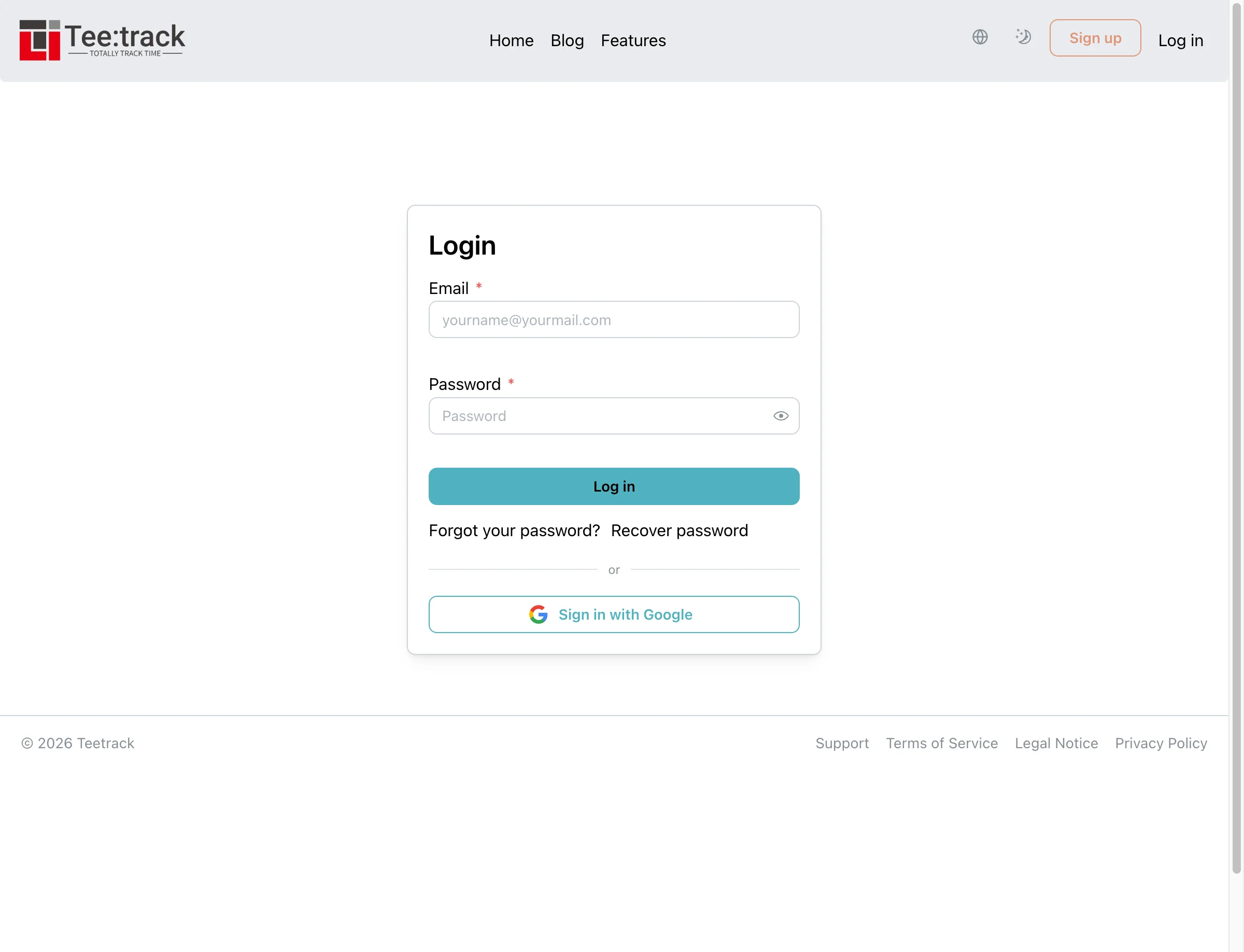 Teetrack login page with Sign in with Google button
