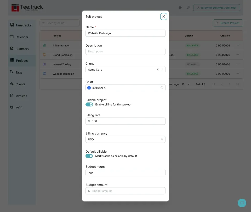Teetrack project billing settings with hourly rate and currency