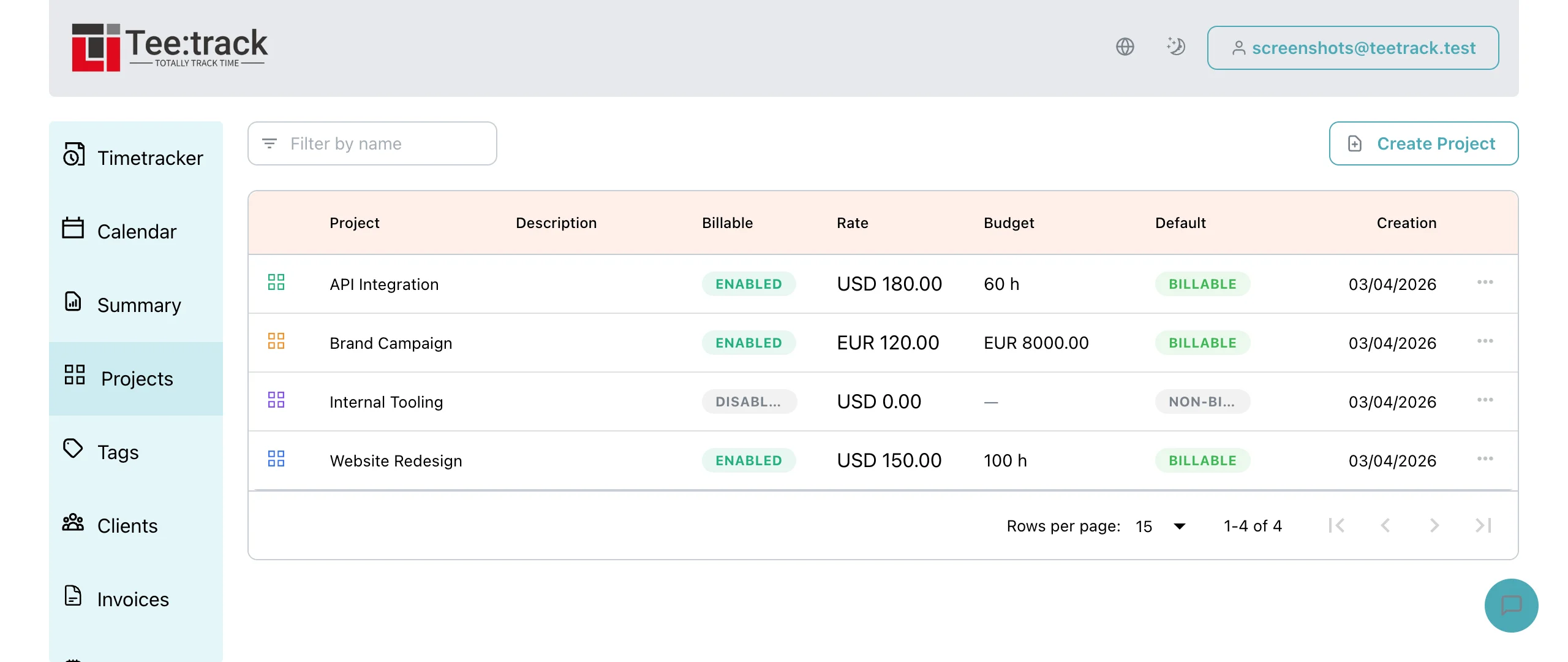 Teetrack projects list with budget tracking