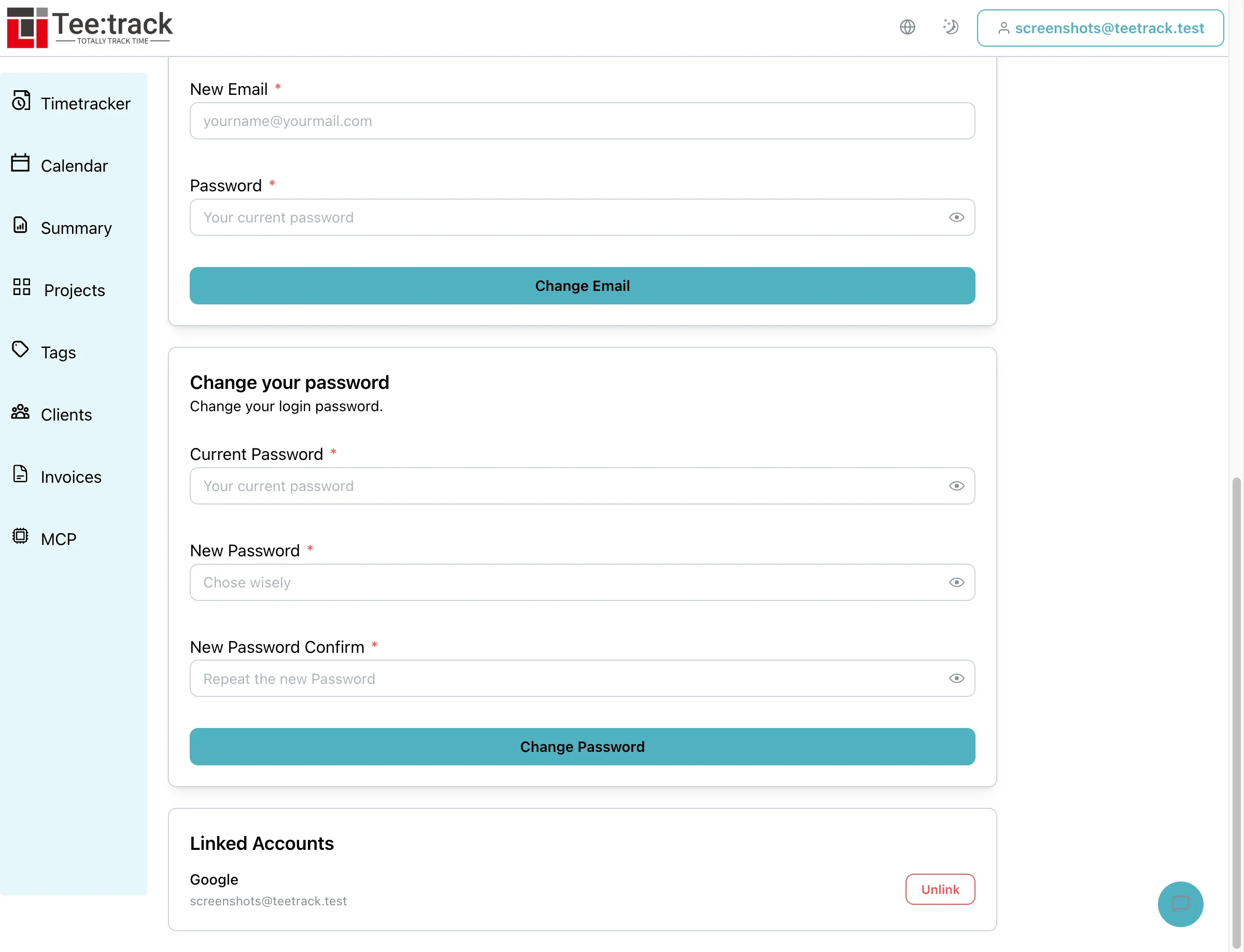 Teetrack profile settings showing Linked Accounts section
