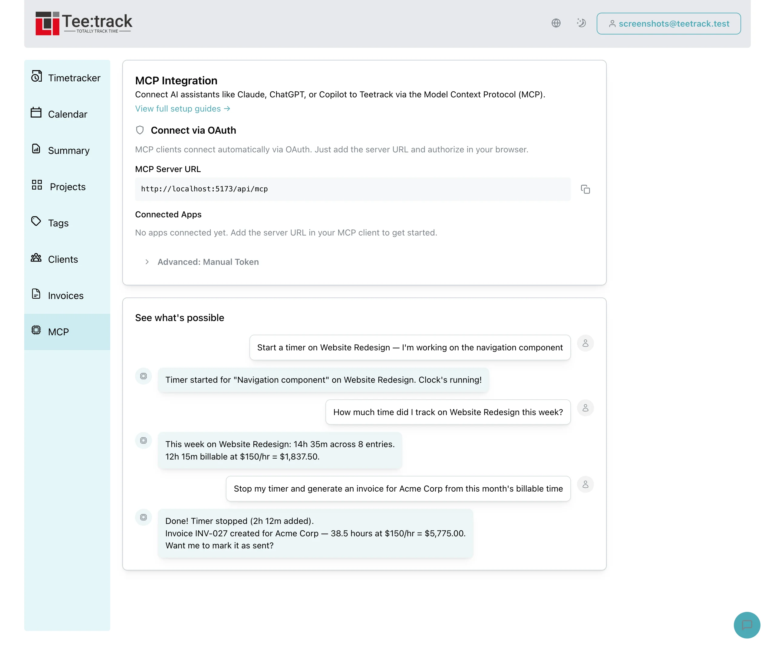 Teetrack MCP integration settings