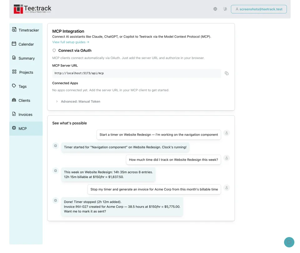 Teetrack settings page showing MCP integration configuration